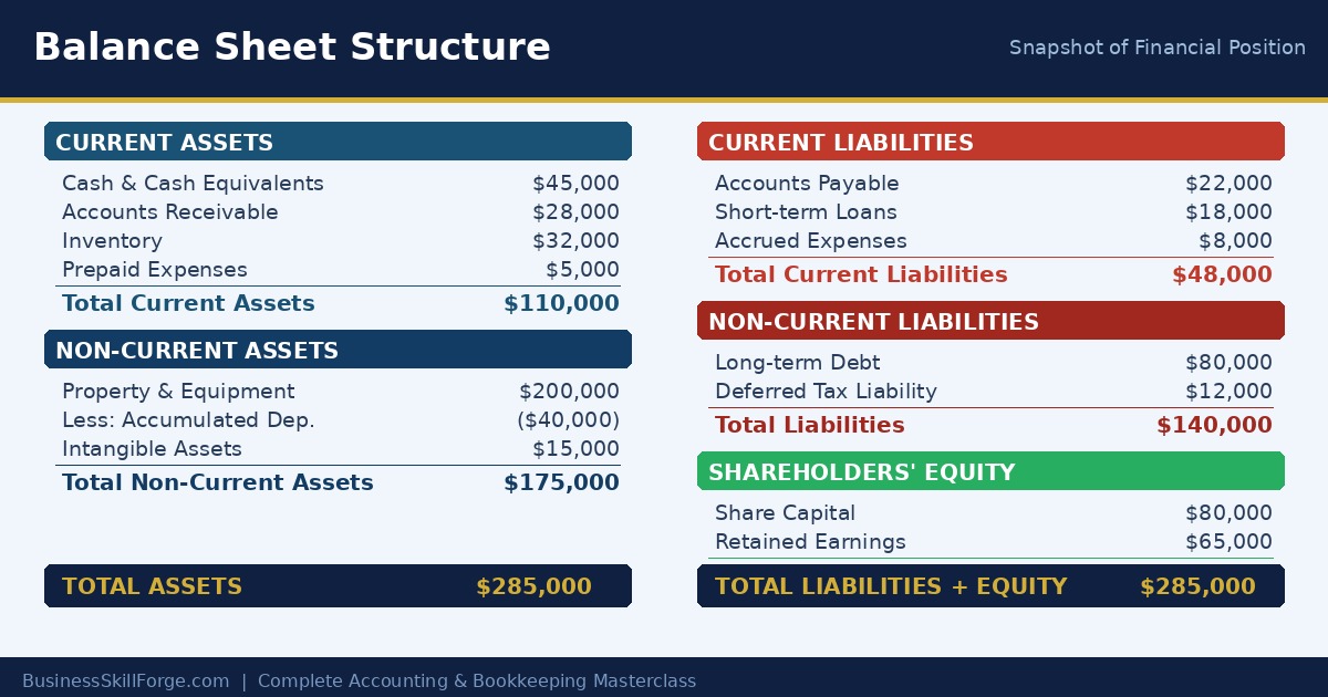 Balance sheet structure: assets, liabilities and equity